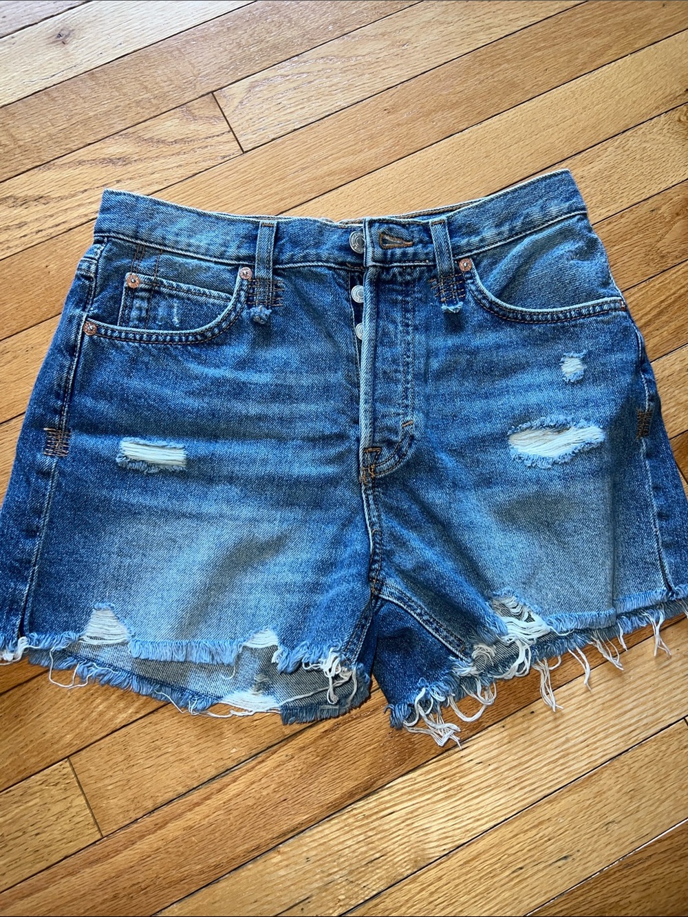 We The Free- Women's Distressed High-Rise Denim Shorts - Blue